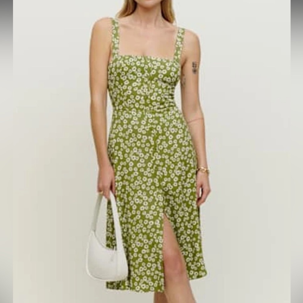 Reformation Green Floral Midi Dress (Persimmon Dress in Fennel Print)